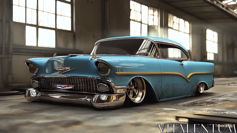 Stanced 1950s blue coupe in abandoned industrial warehouse