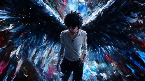 Midnight-winged rebel cracks open a storm of neon starlight.