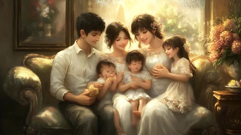 Warm family portrait on vintage sofa in soft golden light