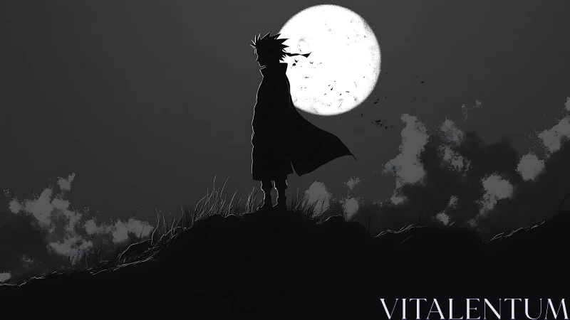 Lone anime warrior stands beneath a full moon in silence.