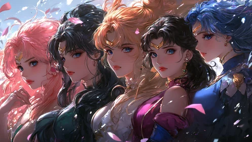 Five fantasy warrior women in ornate anime portraits.