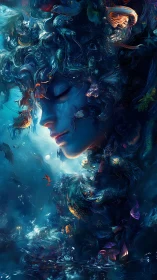 Mythic aquatic muse rendered in iridescent surreal detail