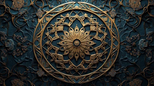 Glowing golden mandala blooms over deep teal tapestry.