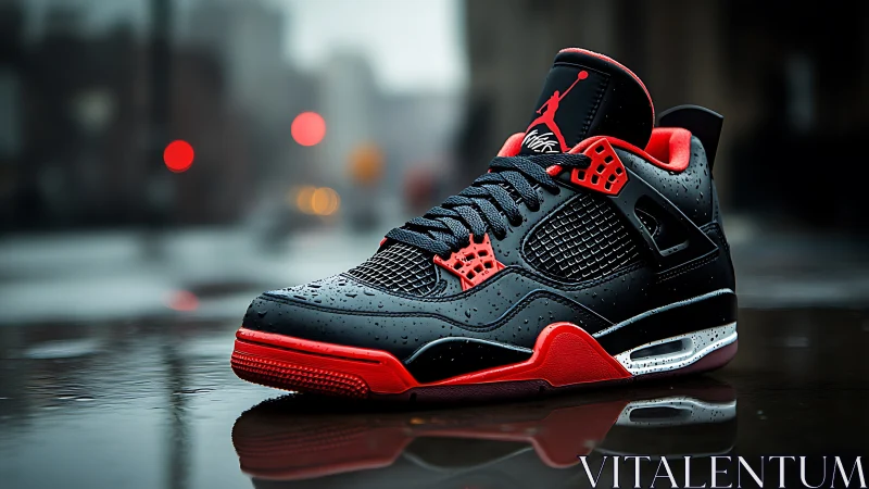 Streetlit raindrops crown a crimson‑soled urban sneaker hero