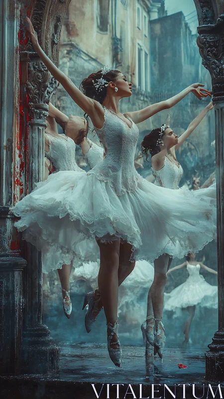 Elegant ballerinas rise in misty ruins with ethereal poise
