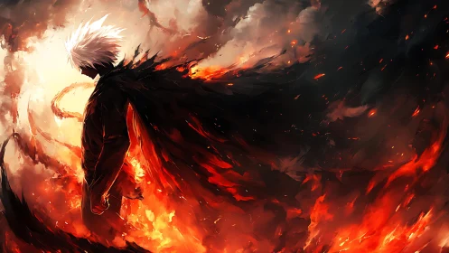 White haired firewalker cloaked in storm-bright embers.