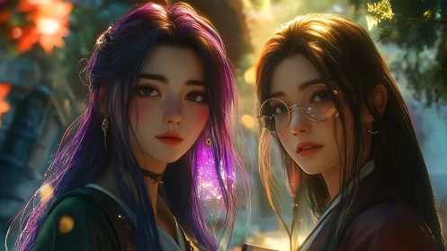 Two stylized young women in glowing forest light portrait