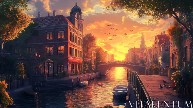 Canal city sunset with boats, bridge and warm reflections.