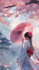 Woman in hanfu with parasol under cherry blossoms.