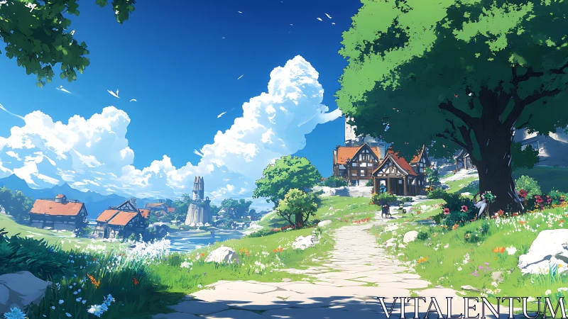 Pastoral anime village under expansive summer sky panorama.