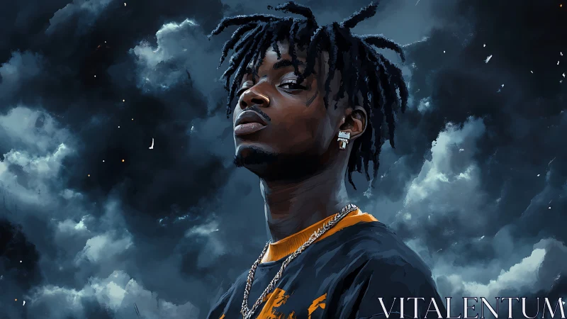 Storm-lit urban portrait of confident young man gazing skyward.