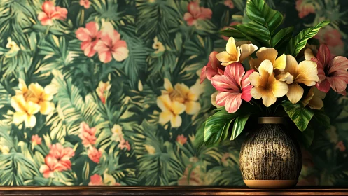 Tropical hibiscus bouquet glows against lush floral wallpaper.