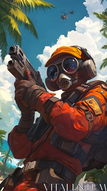 Tropical assault operative aims rifle under vivid sky.