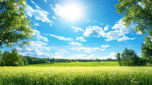 Sunlit meadow under expansive cumulus sky in vivid realism