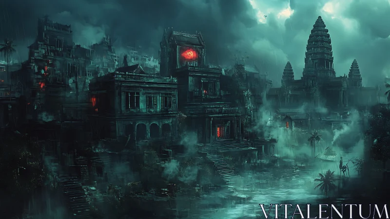 Dark flooded temple city under storm clouds and red glow.