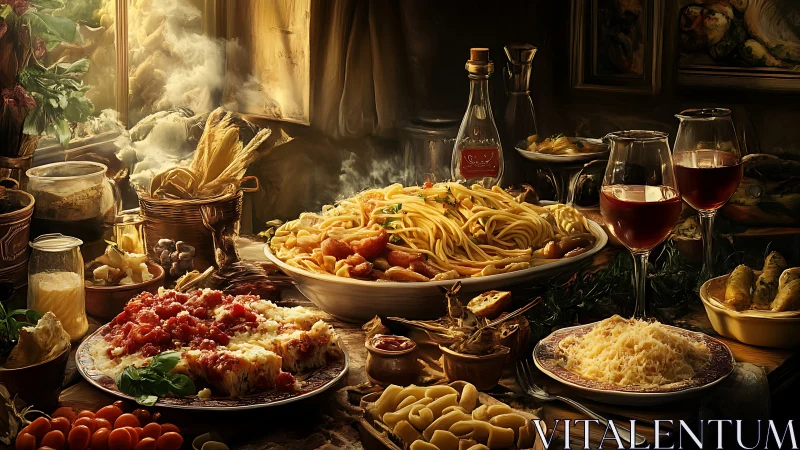 Cinematic Italian pasta banquet under diffused window light.