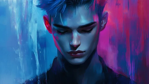 Digital portrait of young person in blue and magenta light.