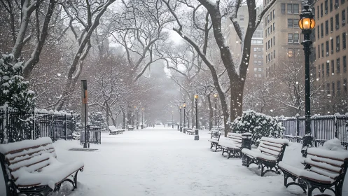 Snow-covered city park walkway glows under soft lamplight.