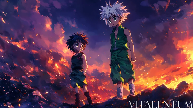 Twin adventurers gaze across a burning twilight horizon.