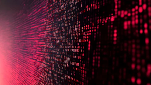 Cyberpunk binary data wall in deep red matrix perspective.