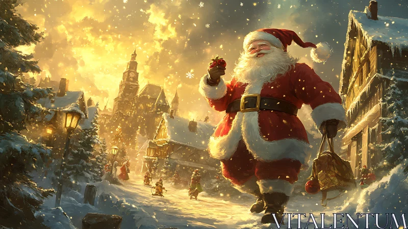 Warm-hearted Santa strolls through a glowing snowy village night