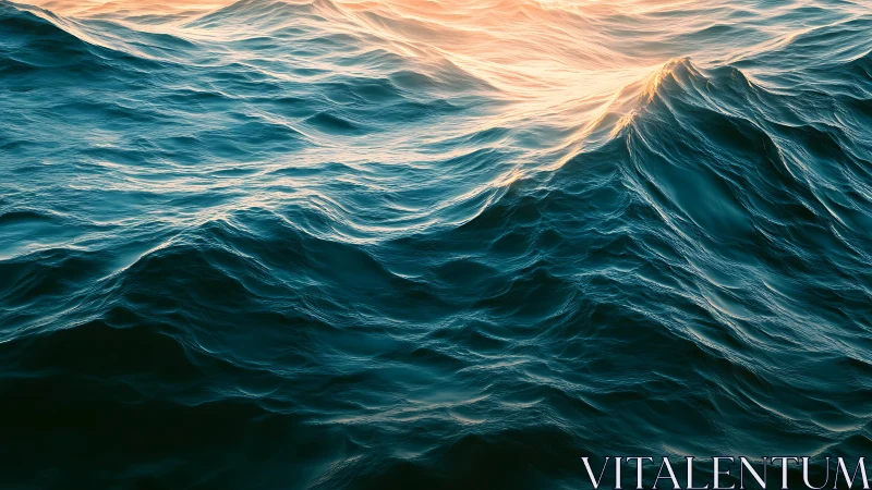 Golden light skims teal ocean waves in abstract motion