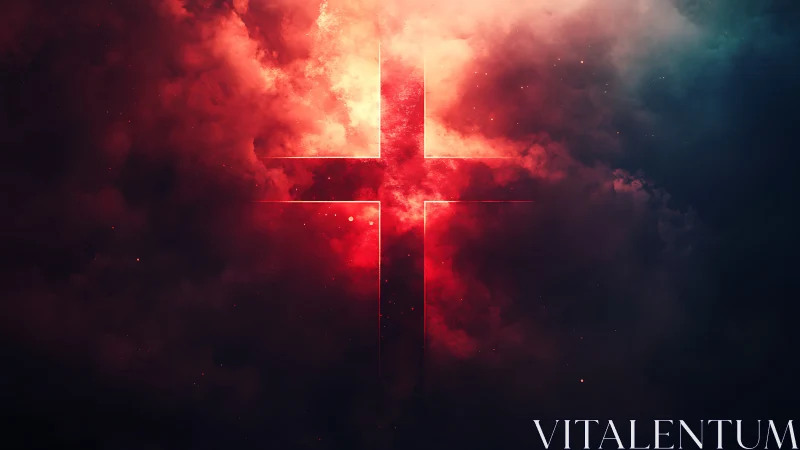 Celestial cross ignites in storm-lit crimson cosmic clouds.