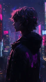 Neon lone wolf adrift in midnight hypercity glow.