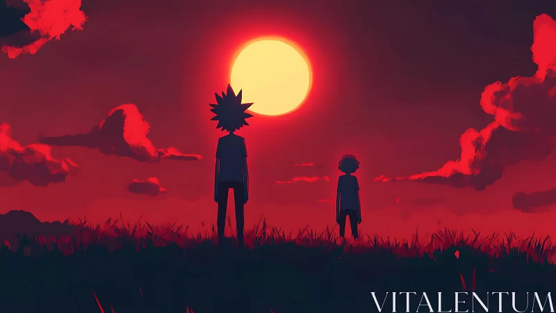 Crimson sunset walk with two quiet silhouettes pausing.