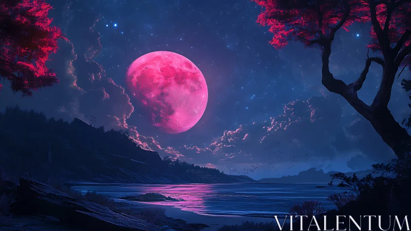 Pink full moon over calm night ocean and dark shoreline.