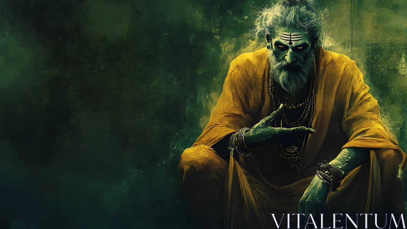 Mystical elder with painted face sits in dramatic green light