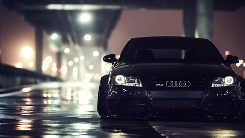 Sleek black Audi under moody urban overpass at night.