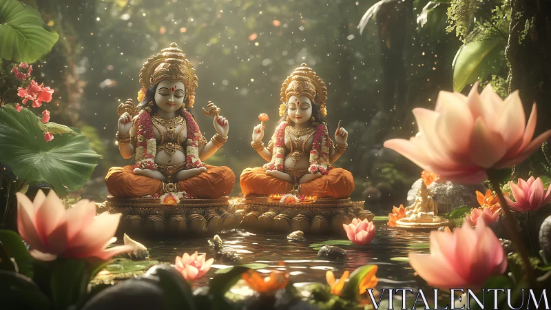 Twin river gods meditate amid glowing lotus sanctuary.