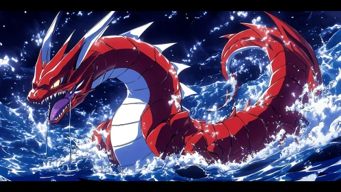 Roaring red sea serpent surges through moonlit ocean waves