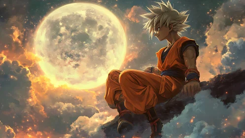 Anime figure on rocky ledge before large moon in clouds.