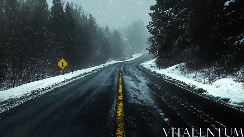 Snow-covered forest highway curve under light snowfall.