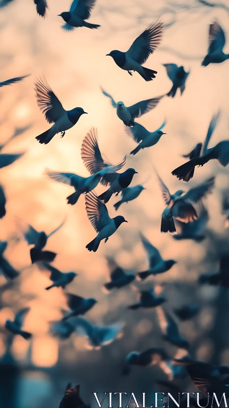 Gentle flock of birds drifting through soft evening light.