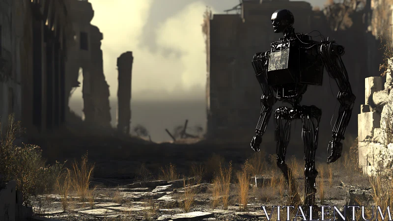 Solitary skeletal robot crossing desolate postwar ruins at dusk