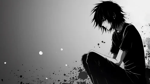 Solitary anime boy in monochrome ink splatter void.