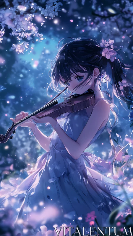 Nocturne violinist amid luminous cherry blossoms in bloom