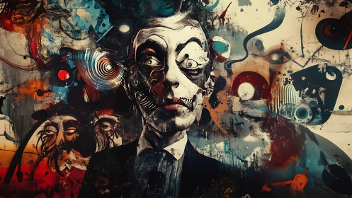 Distorted suited figure dissolves into chaotic abstract vortex