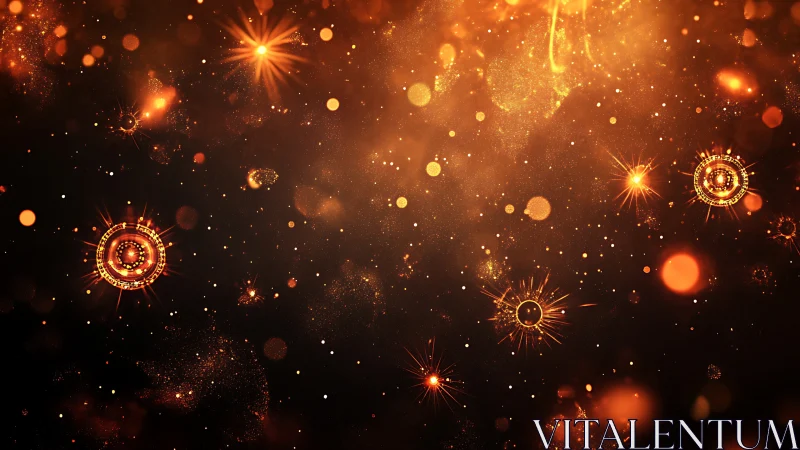 Golden stardust and glowing orbs in a cozy cosmic night.