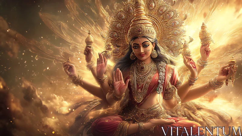 Radiant multi armed goddess rests in glowing celestial light