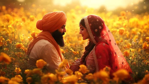 Couple in traditional attire amid mustard-colored flowers at sunset.