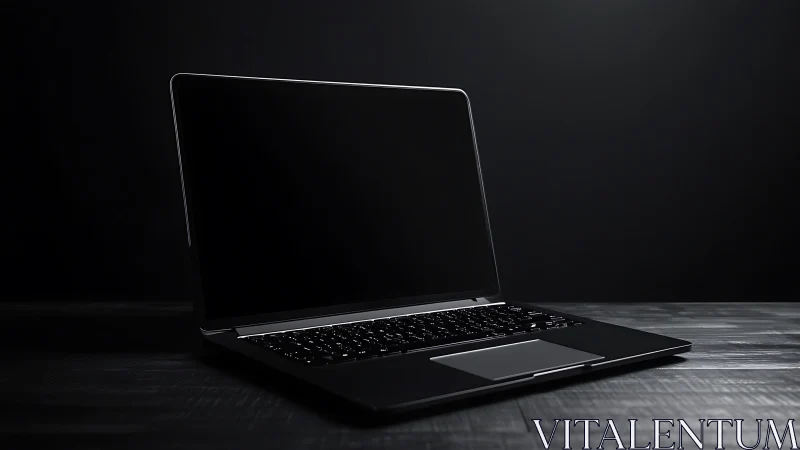 Sleek black laptop computer on dark wooden desktop.
