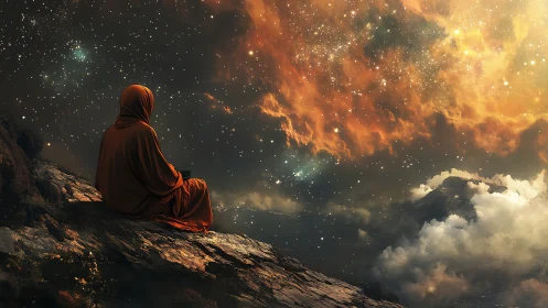 Solitary robed figure contemplates a blazing cosmic sky.