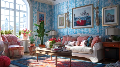 Sunlit floral salon where coral cushions court sky walls.