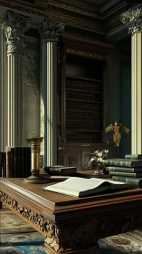 Sunlit neoclassical library with ornate study desk scene.