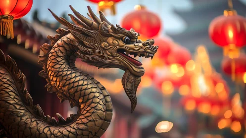 Bronze Chinese dragon sculpture isolated against lantern bokeh field