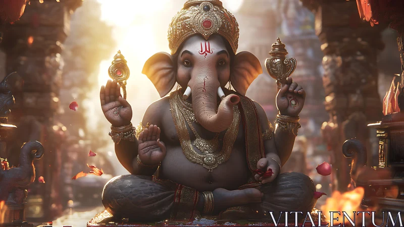 Elephant-headed deity statue in ornate temple light scene.